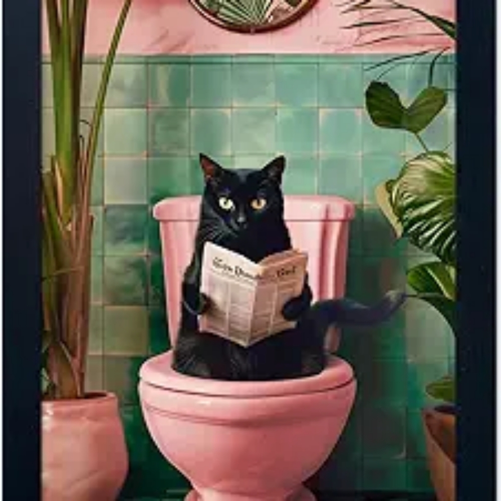 Framed Black Cat Bathroom Wall Art | Funny Cat Reading Canvas Print